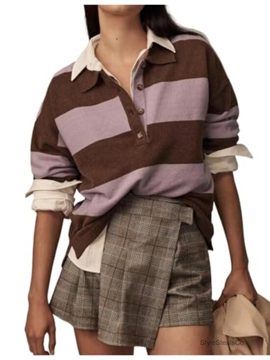 Sweaters - Women's Rugby Shirt Striped Polo V Neck Long Sleeve Pullover Sweater Oversized